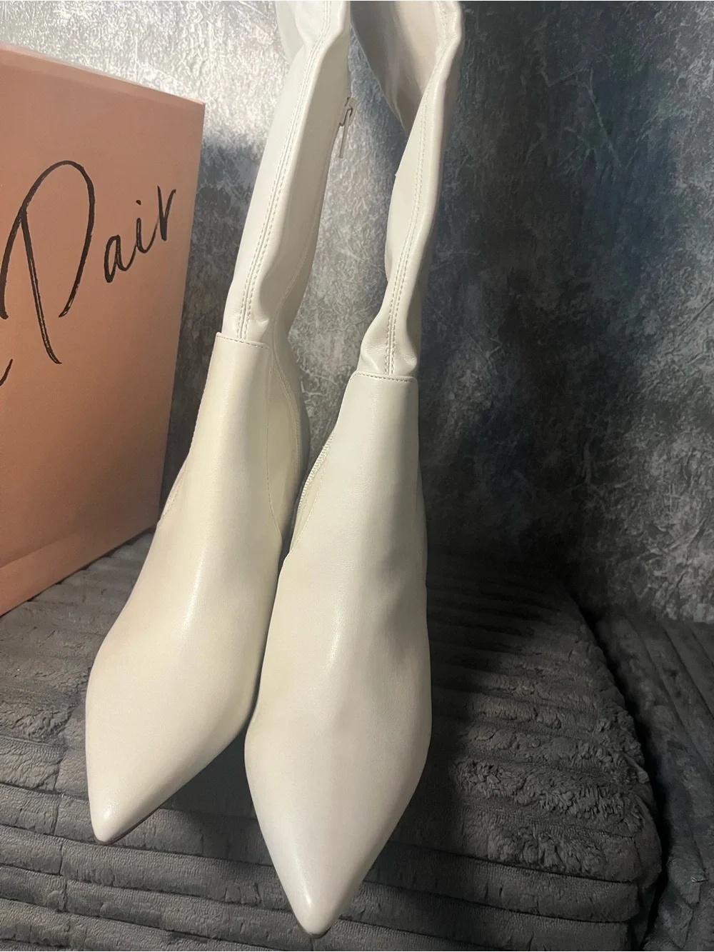 Wild Pair Cream Knee-High Pointed Toe Block Heel Boots